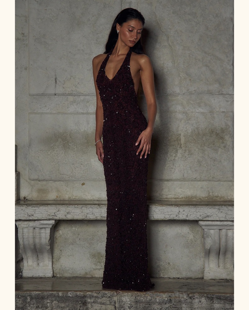 mirror palais brown beaded dress Halter V Neck Backless Boho Pattern Knit Slim-Fit Vacation Maxi Dresse main image 0