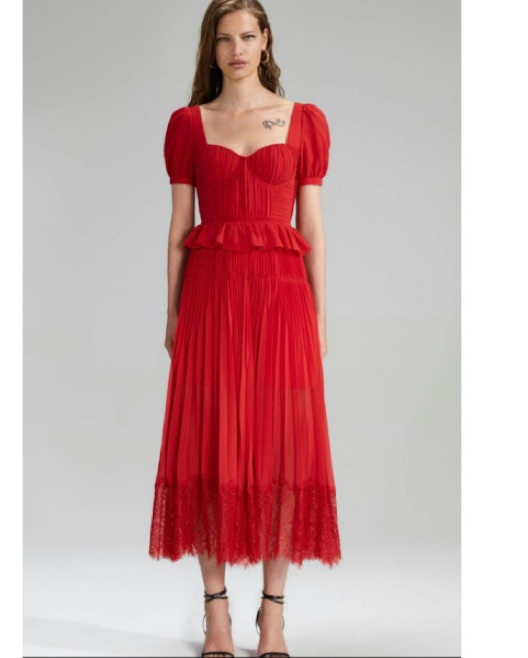 self portrait fuchsia pleated chiffon midi dress Self-Portrait - Red Chiffon Midi Dress by Self Portrait