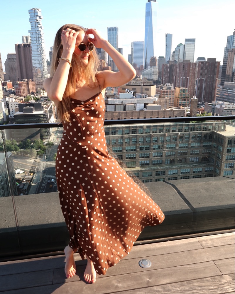 brown long silk dress Brown Polka Dot Puff Sleeve Ottillie Midi Dress main image 1