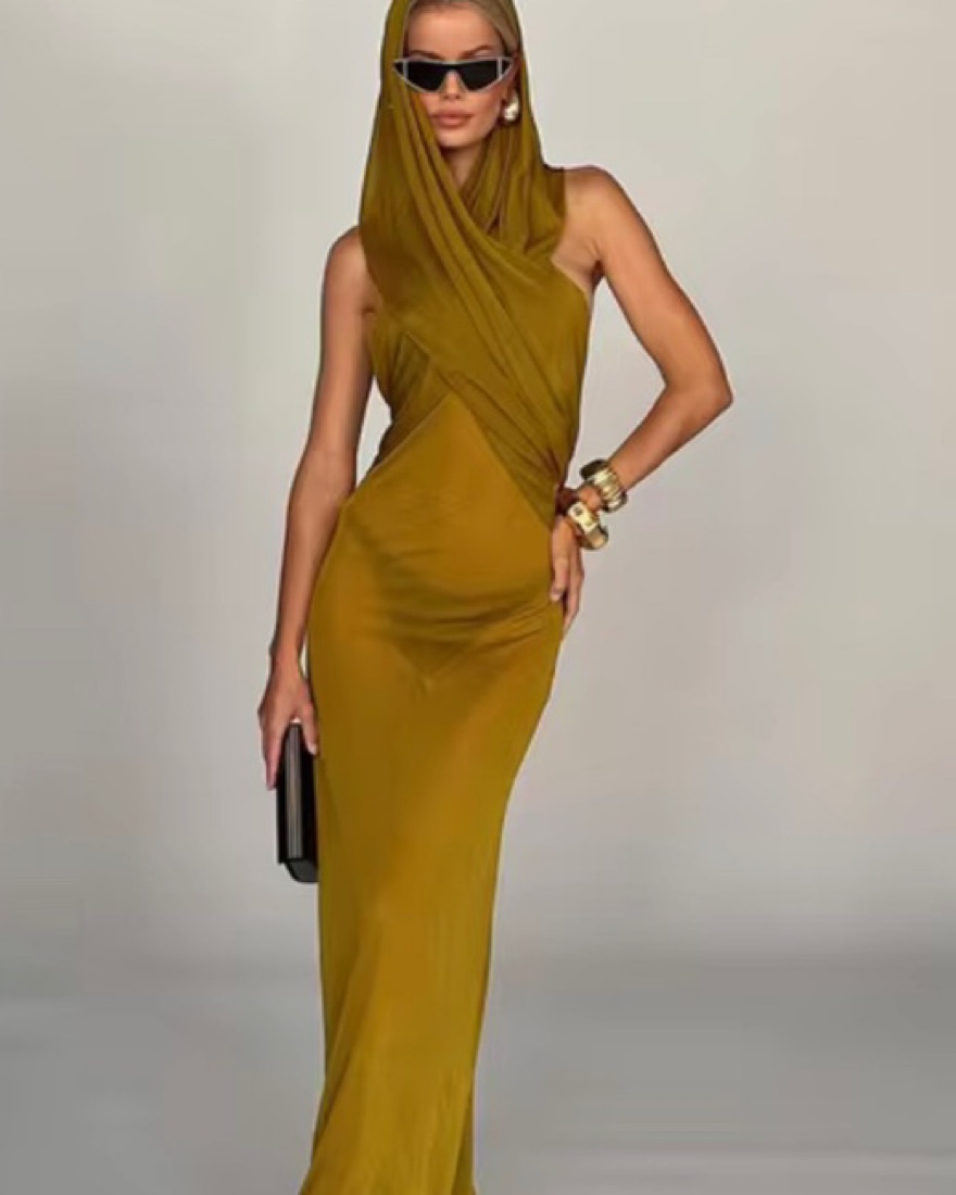 ysl gold dress Saint Laurent Green Brown Hooded Gown Runway S/S 2023 – PauméLosAngeles