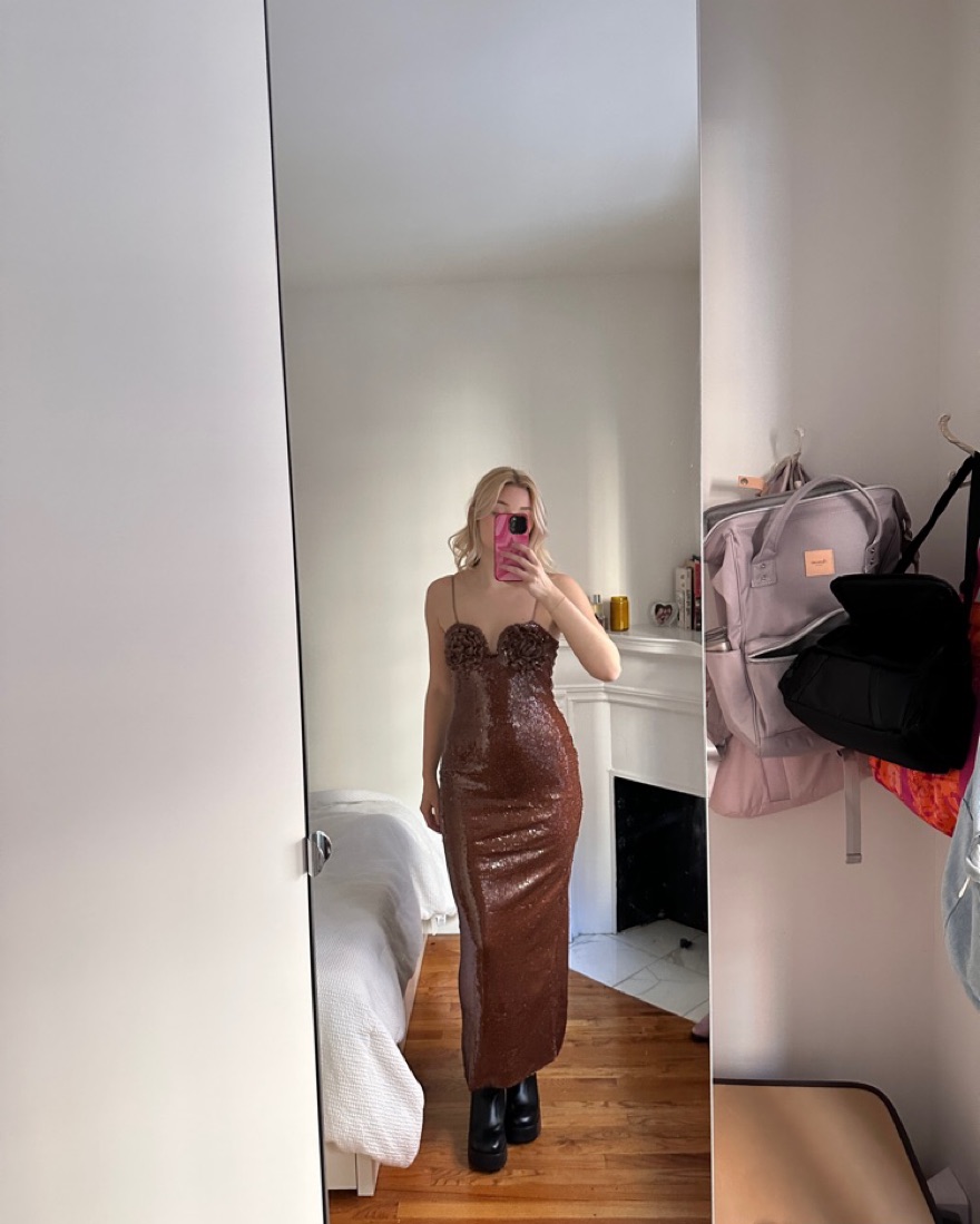 hailey bieber brown sequin maxi dress by magda butrym - Pickle