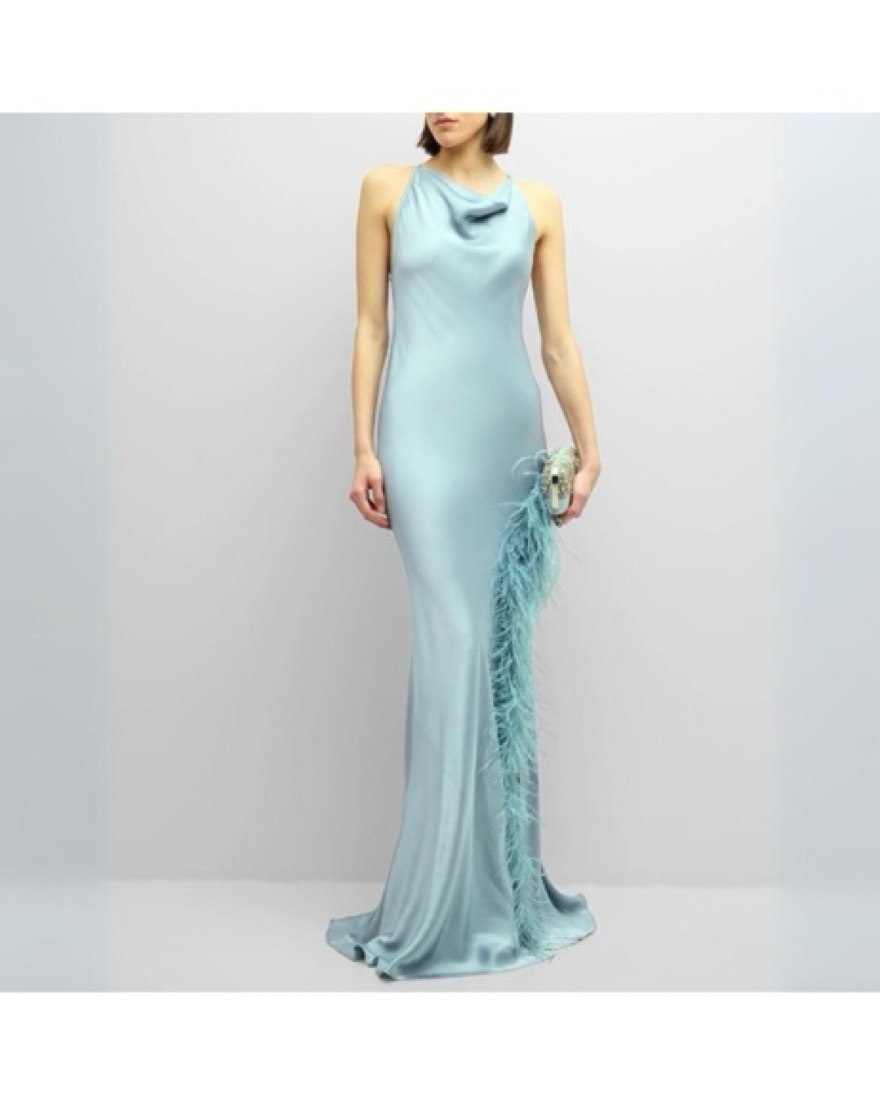 Lapointe Satin Gown with Feathers by Lapointe - Pickle