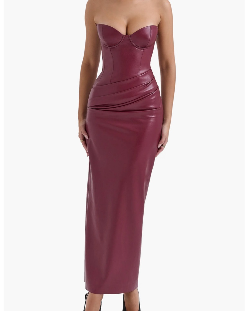 house of cb burgundy corset dress Clothing: Midi Dresses: 'Samaria' Wine Corset Midi Dress