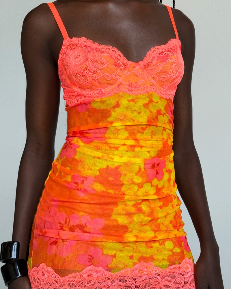 iamgia calypso mini dress I.AM.GIA Calypso mesh contrast lace detail bodycon mini dress in leopard  and hot pink