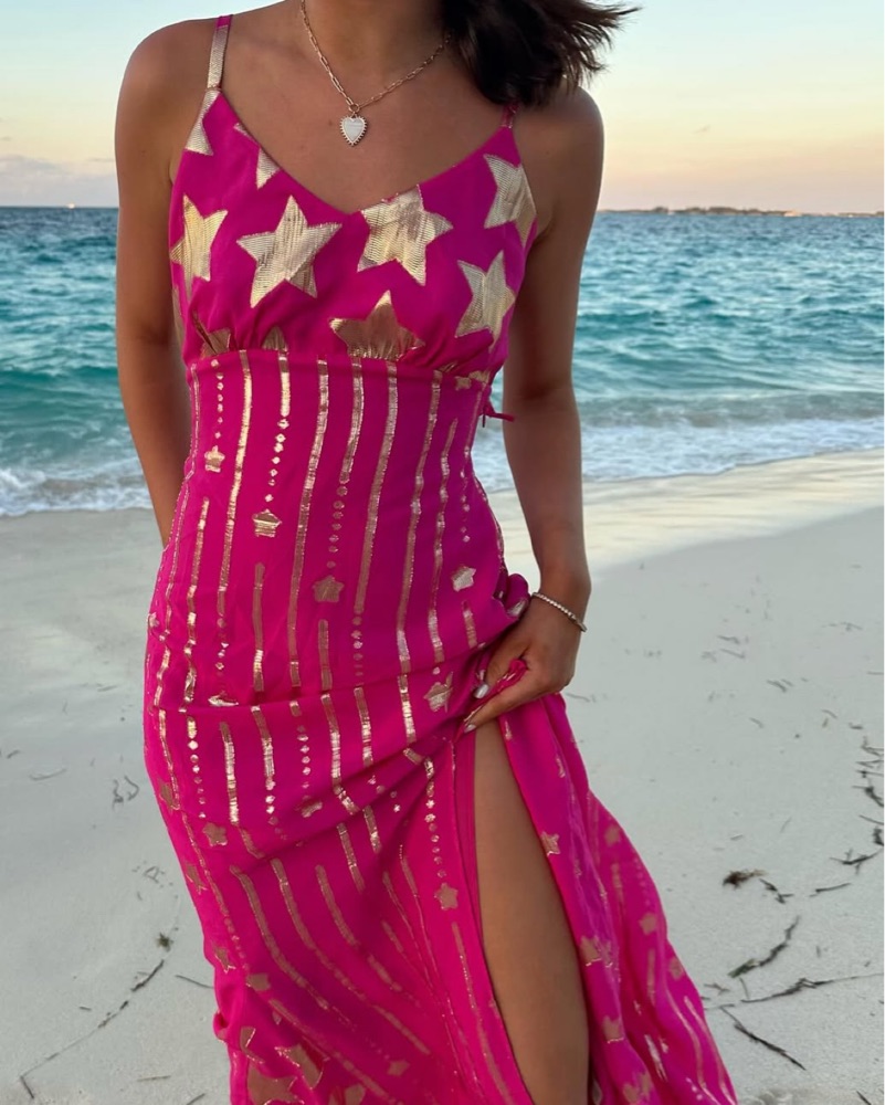love shack fancy pink star dress LoveShackFancy Pink Gold Star Maxi Dress by LoveShackFancy