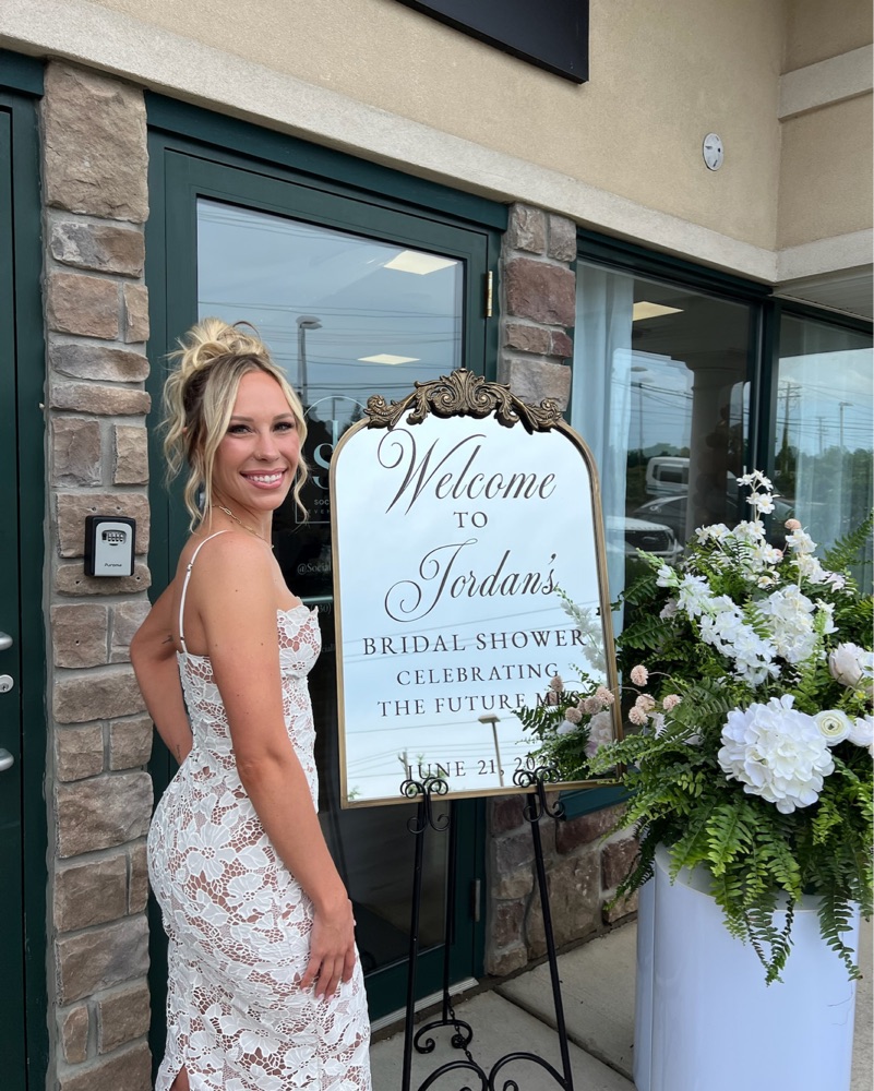 bridal shower pearl dress ASHLEYlauren 11598 Off Shoulder Pearl Beaded Gown main image 0