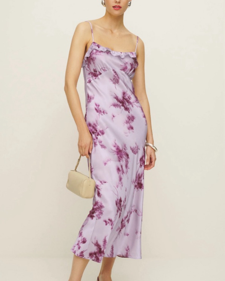 reformation aribella silk dress Reformation S Aribella Dress 100% Silk Ruffle Sleeveless Midi Bias Cut  Burgundy