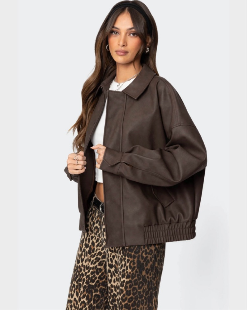 Brown Oversized Leather Jacket by Edikted - Pickle