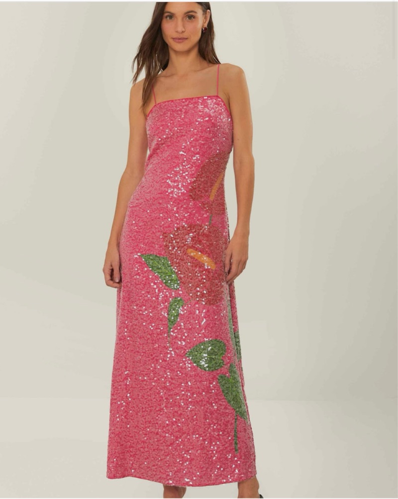 farm rio red dress pink flower Red 3d Flower Euroflax Premium Linen Maxi Dress