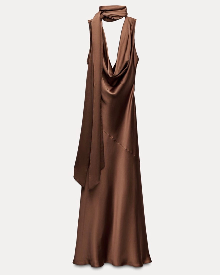 brown satin dress with neck scarf Keena Scarf Maxi Dress main image 0