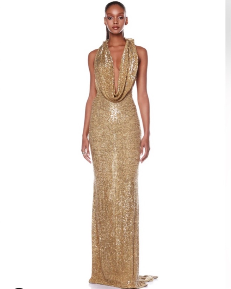 gold sequin tank dress Gold Metallic Sleeveless Cowl Neck Trumpet Gown With Belt main image 0