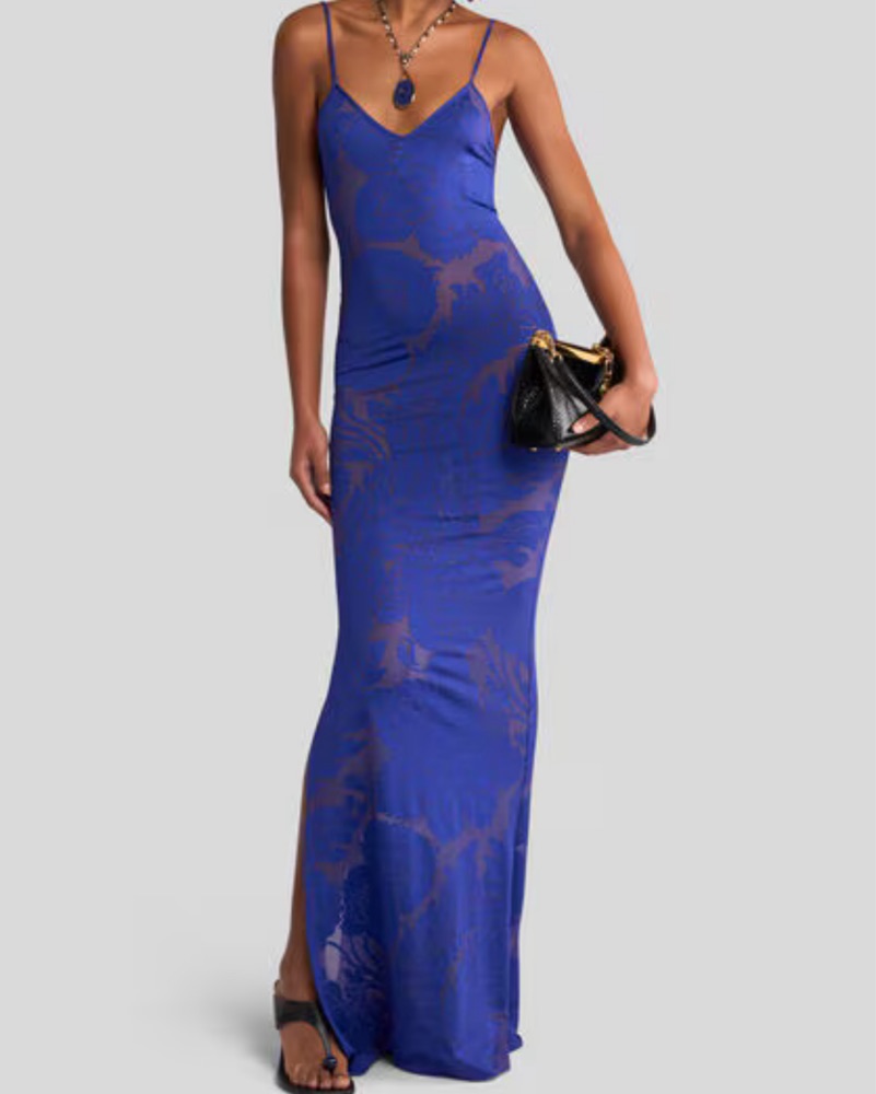 fashion nova long blue dress Etro Dress Navy Floral Print Satin Jacquard Size 42 V-Back Shift –  Celebrity Owned main image 0