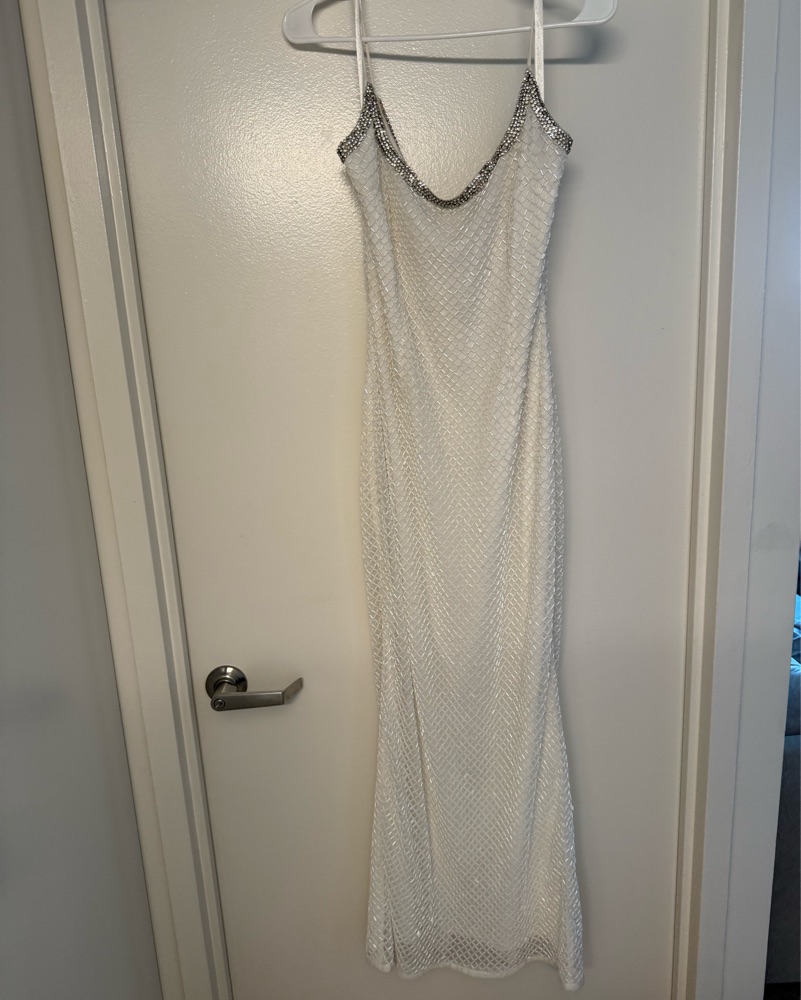 mac duggal white beaded dress Mac Duggal Short-Sleeve Beaded Tweed Midi Dress