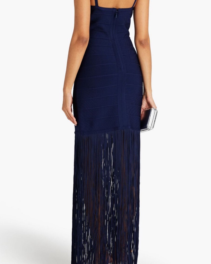 herve leger blue fringe dress Charoletta Basket Weave Fringe Jacquard Dress