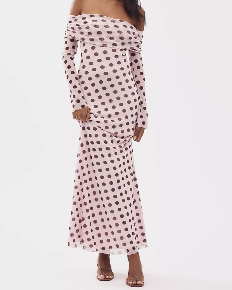brown polka dot off the shoulder dress Miss Circle Women's Xandie Polka Dot Off-Shoulder Midi Dress - Brown - Size M main image 1