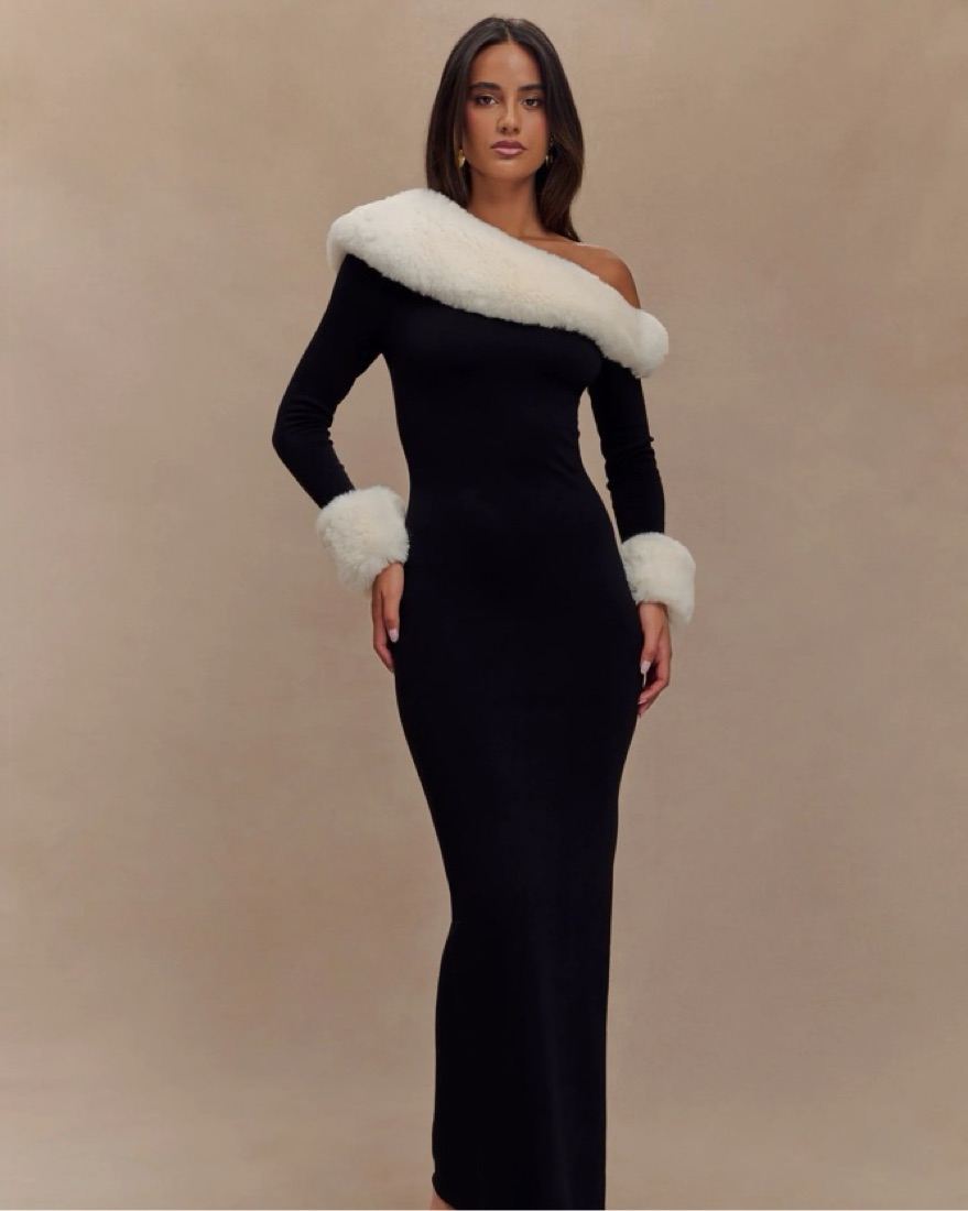 holiday dress with fur trim Sold Out Fur Trim Maxi Dress by Meshki