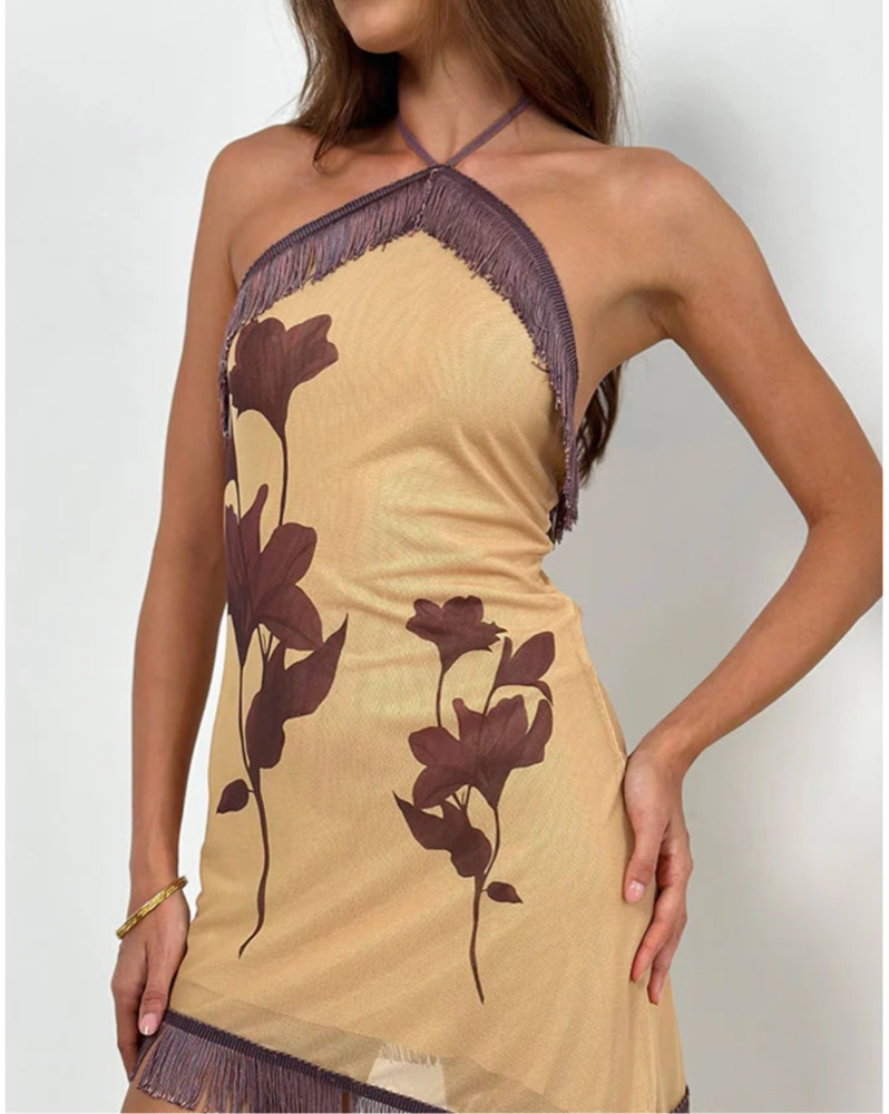 Motel Clooney Floral Fringe Halter Dress by Motel Rocks - Pickle
