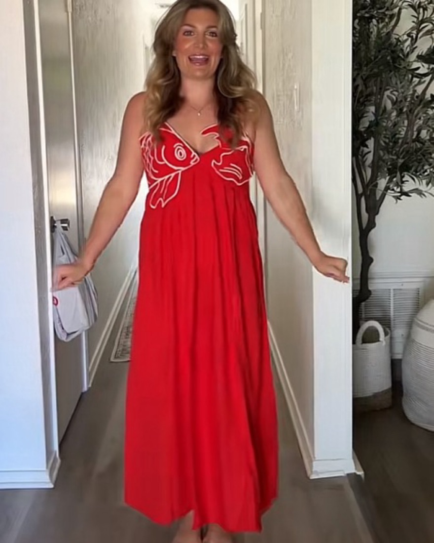 farm rio red dress fish Fish Top Linen Blend Maxi Dress