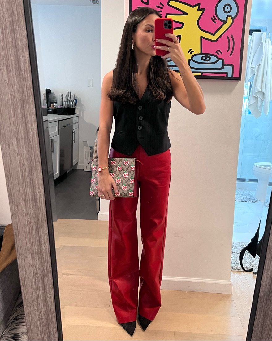 LEVI’S RED / asymmetry leather pants Cherry Red Leather Pants Vintage | 1990s Women's Biker Pants