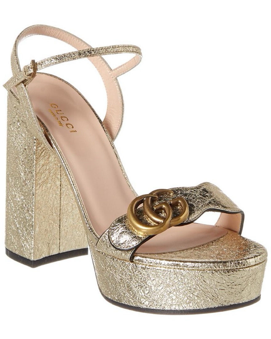 GUCCI ゴールドプラットホームヒール美品 Gucci Marmont Platform Platino Gold Fringe Logo Block Heel