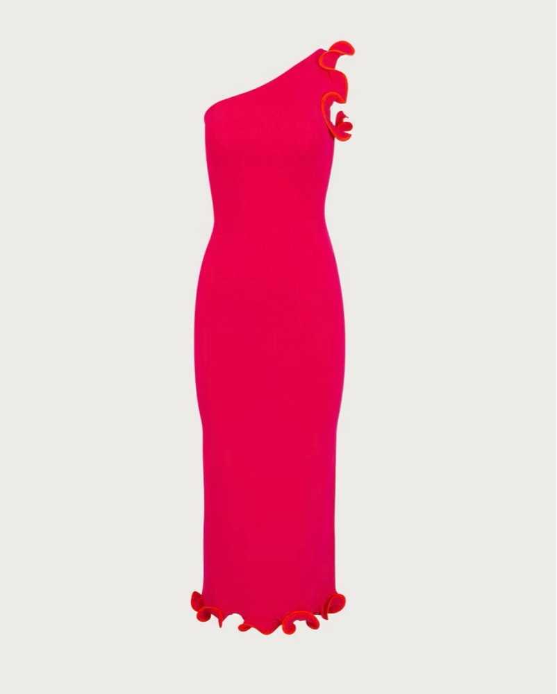 SAME Ruffle Hem One Shoulder Midi Dress by SAME - Pickle