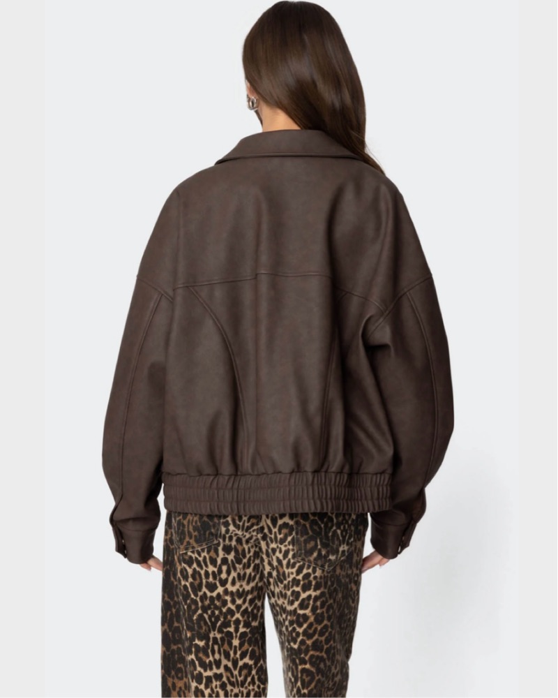 Brown Oversized Leather Jacket by Edikted - Pickle