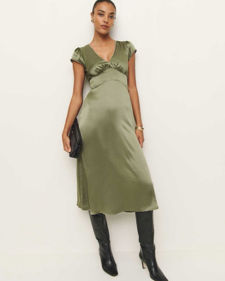 Reformation Cassie Olive Silk Dress by Reformation - Pickle