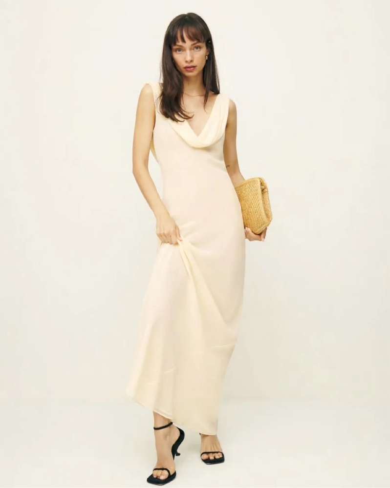 beige cowl neck dress Elegant 00s Jane Norman Cream Shimmery Cowl Neck knee-Length Dress main image 1