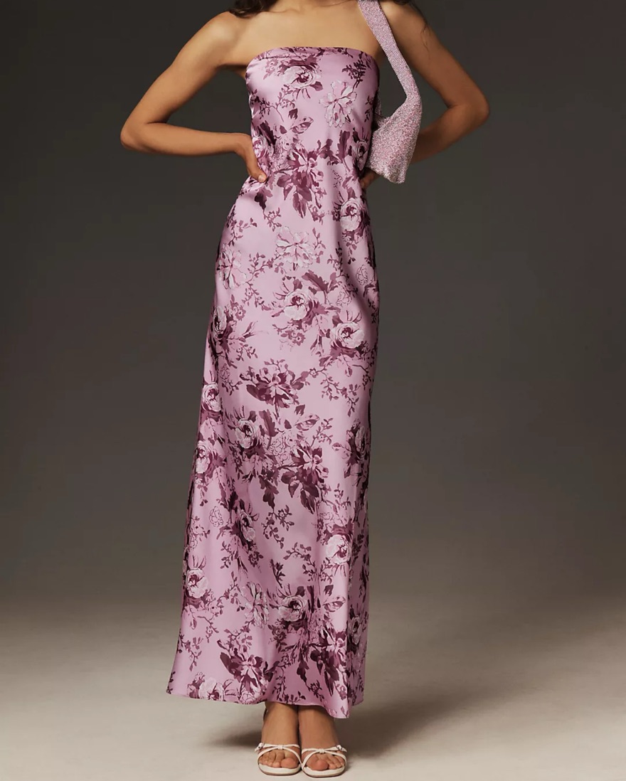 bhldn mia strapless satin column maxi dress Serenity MAJESTIC Black SILK creating an ensemble thats both refined and effortlessly chic Bhldn Mia Strapless Satin Column