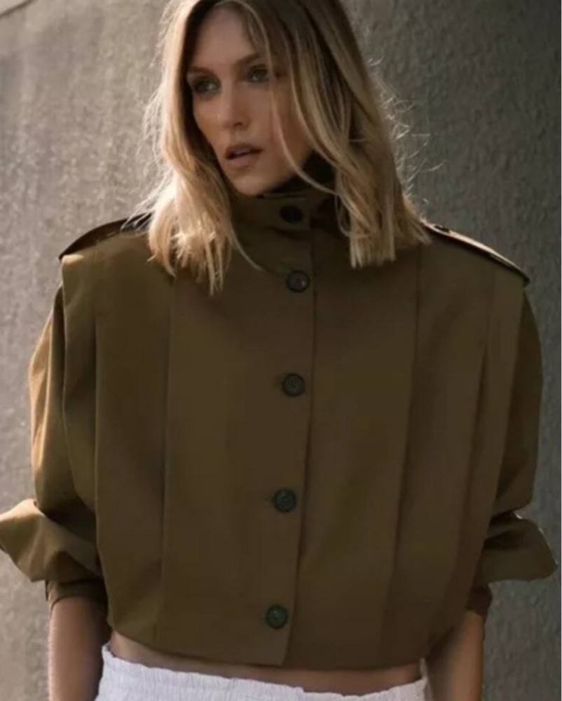 Zara Cropped Pleated Olive Green Jacket by Zara - Pickle