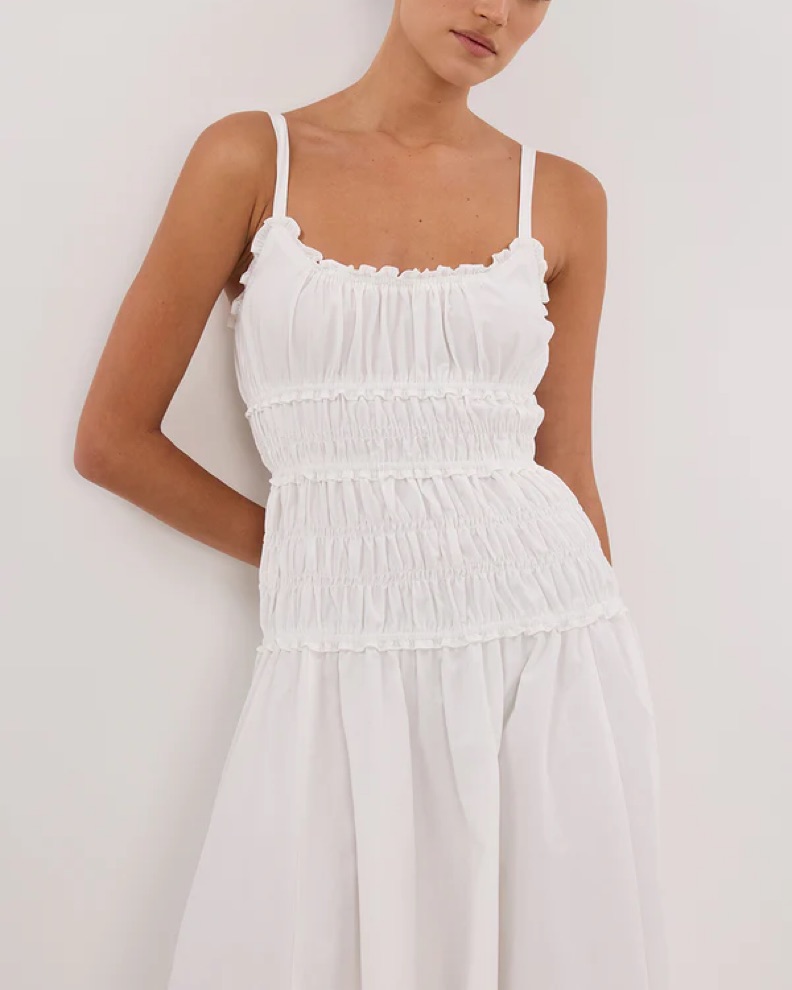 dissh drop waist white dress Alexia Cotton Sleeveless Midi Dress in White By DISSH