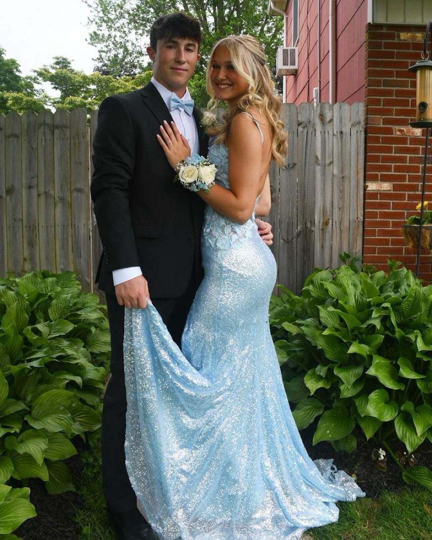 white dress with blue flowers Rhinestones Embellished Sky Blue Tulle Handmade Trumpet Prom Dress main image 0