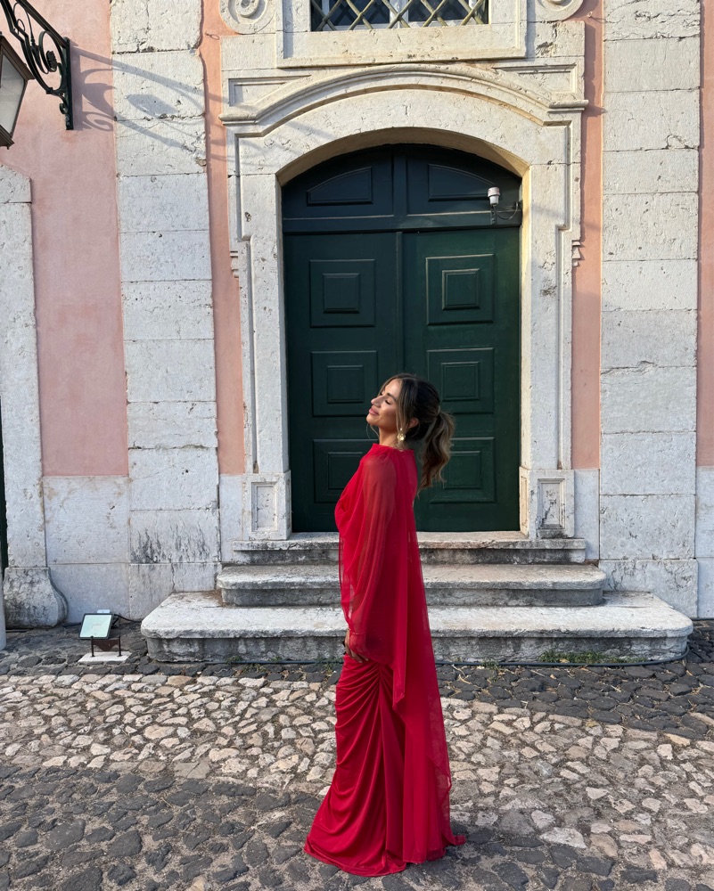 meshki red dress Amelia Bubble Maxi / Ruby | while the overlay skirt drapes from the waist with a gathered front panel that adds texture and movement Rent Meshki Red Dress UK