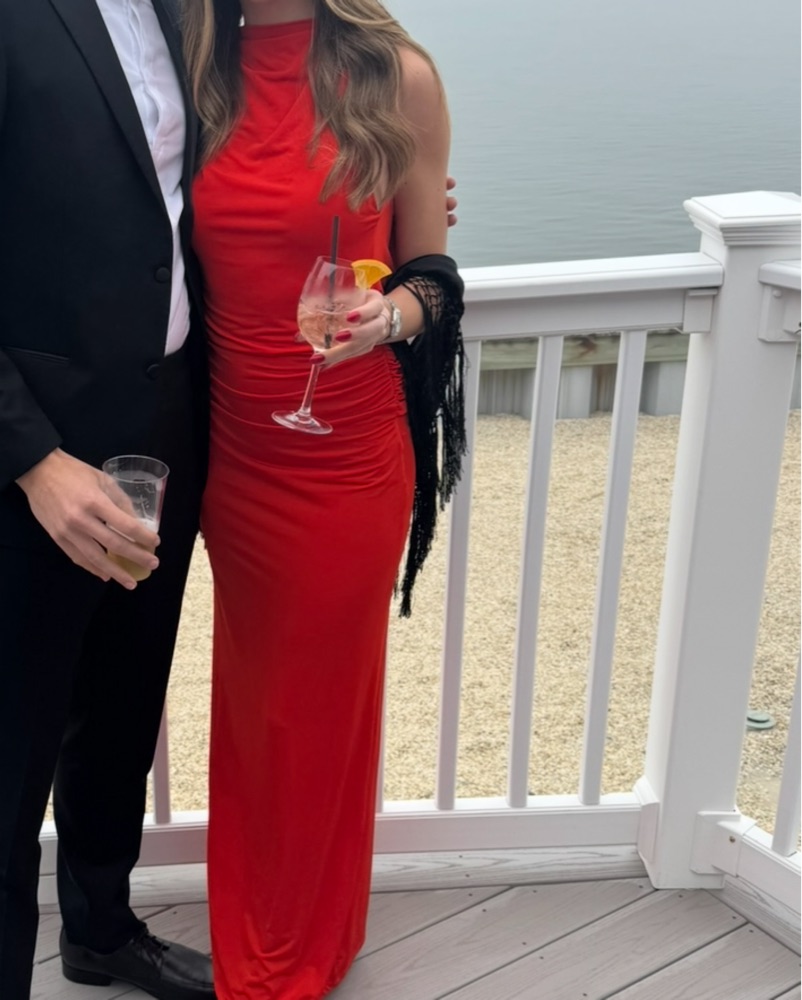 designer long dresses with sleeves I.H.F RED LONG SLEEVES WITH DRAPED WAIST GOWN