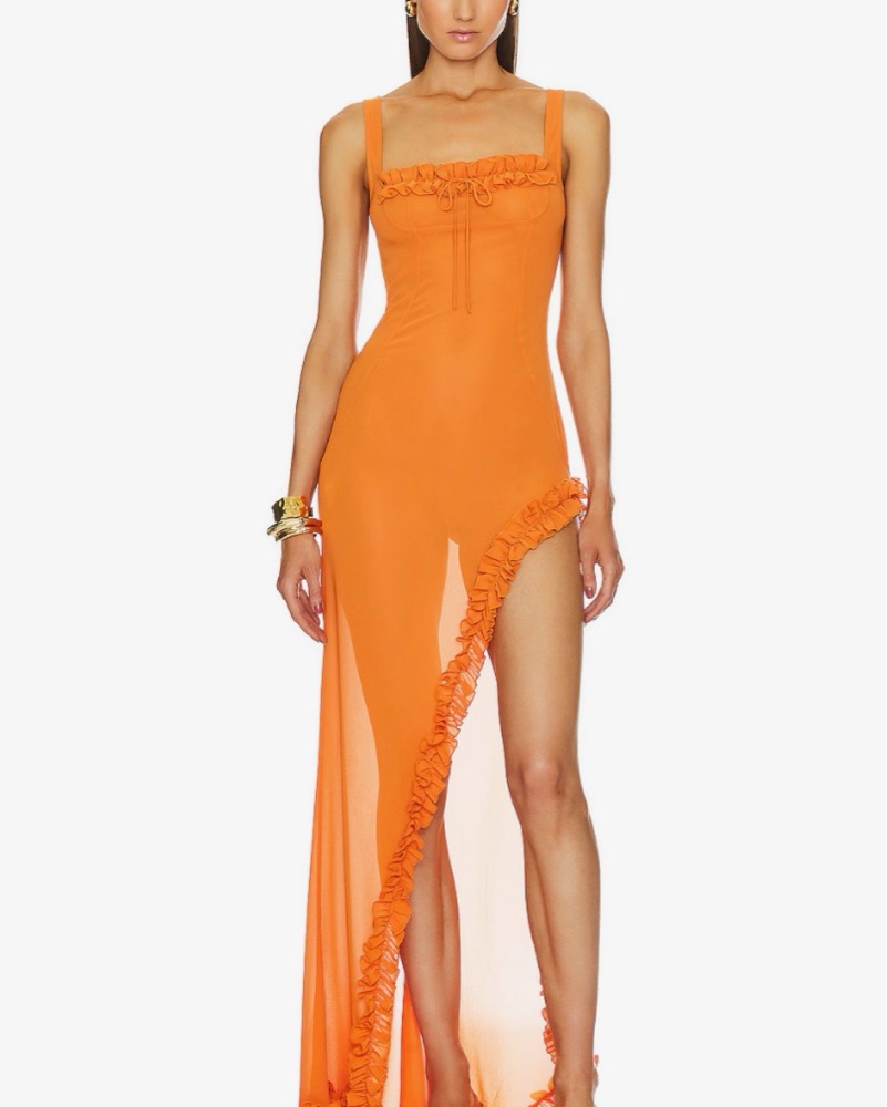 sheer ruffle maxi dress Helsa Revolve Sheer Ruffle Long Dress by Helsa