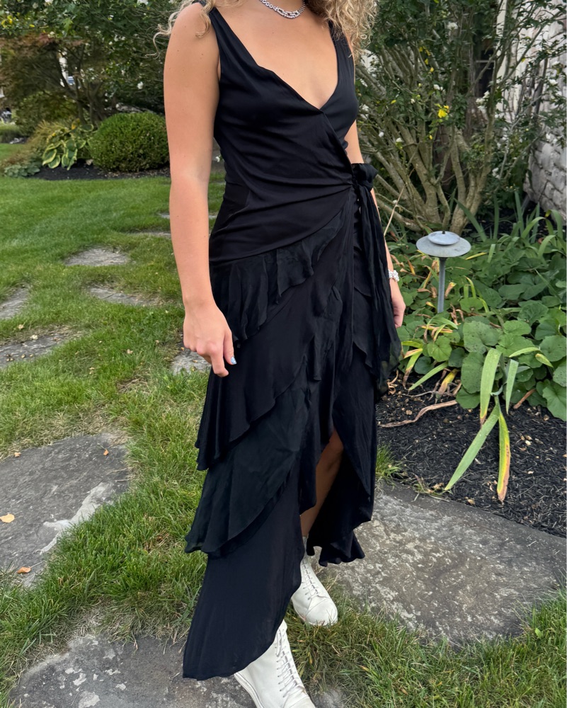 v. chapman vera ruffle-strap corset side-slit midi dress The in Sky Windsor Brocade 00 / Sky Windsor Brocade Size:17.5R Size 10 (also in Sale: Afterpay day Mar24 House of Harlow 1960