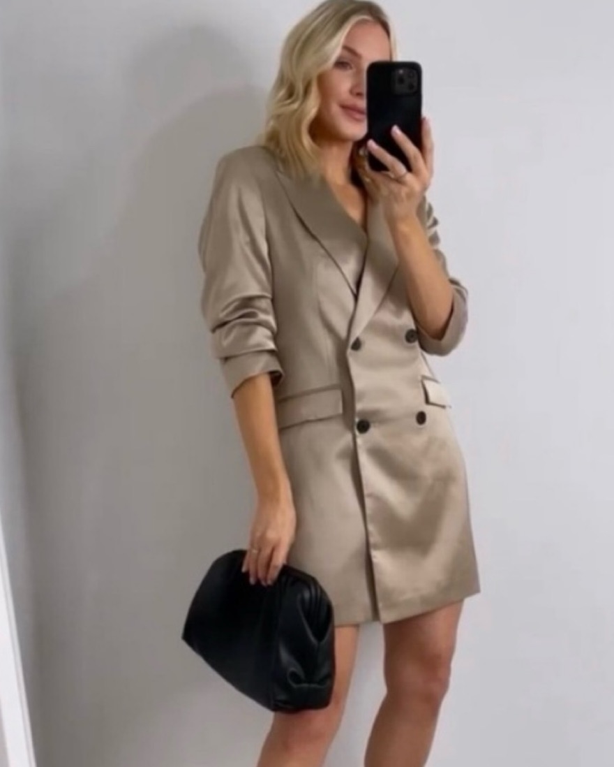 h&m satin blazer dress H&M Satin Long Blazer Dress Medium Champagne Tan Shimmery Double Breasted  Party