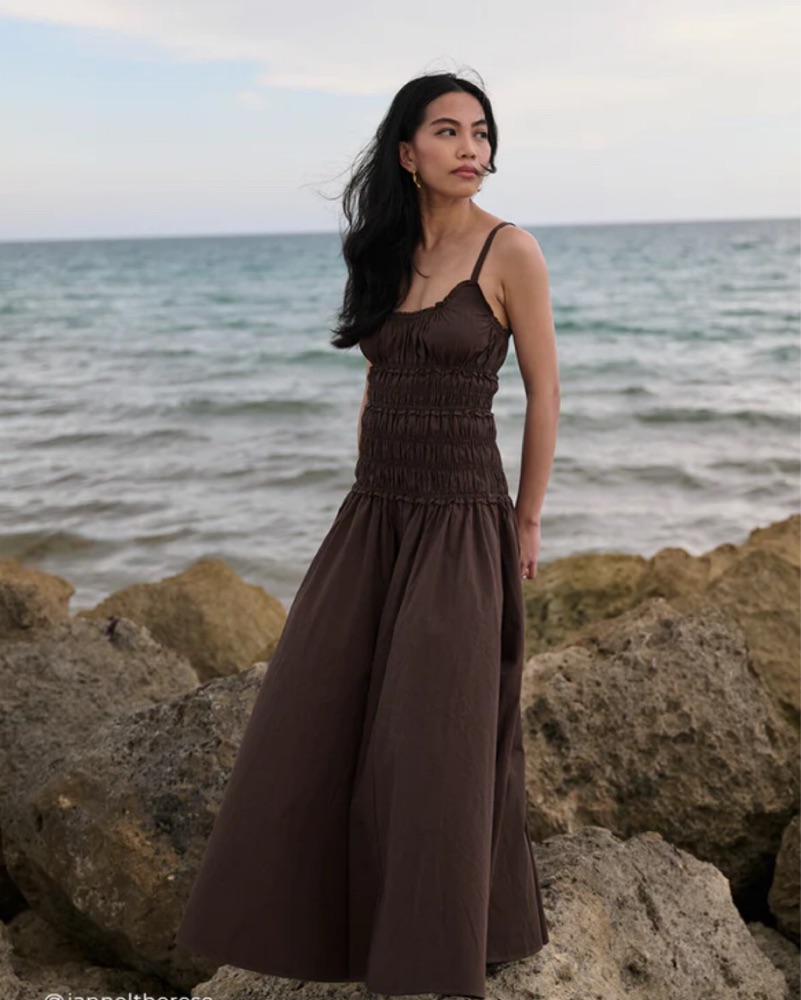 maxi chiffon dress Ruffle Gown with Tie-Back Color:Brick-Dark skirt Pockets at hips ecomm-model:sophie Novariaa K-Lumniss | Premium