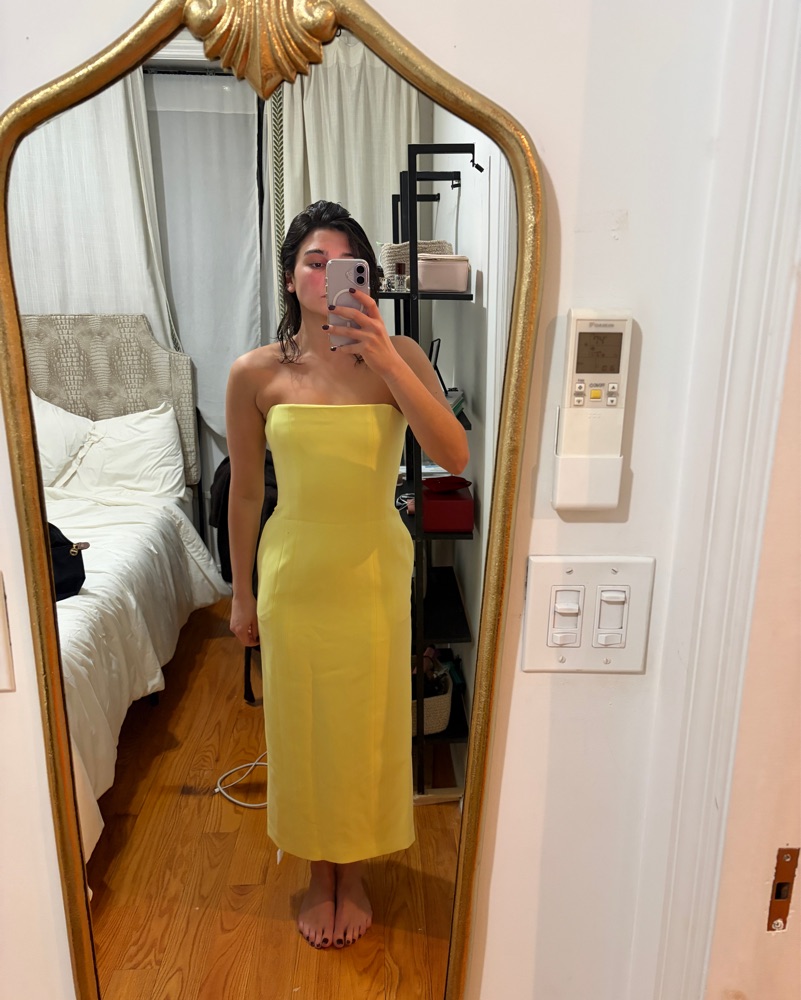 butter yellow strapless dress Cleo Cove Maxi 3% Spandex Strapless Topstitched Corset Satin Maxi
