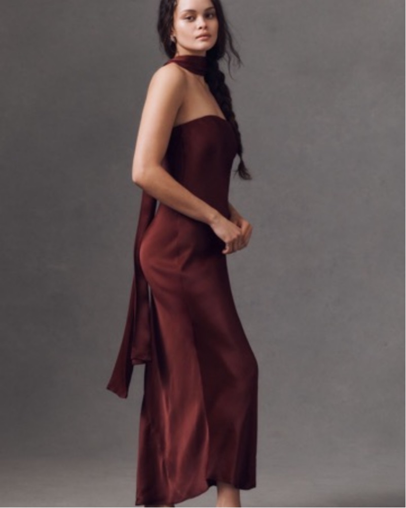 burgundy strapless dress with scarf Secret | Burgundy Bandeau Lace Midi Dress With Scarf Detail