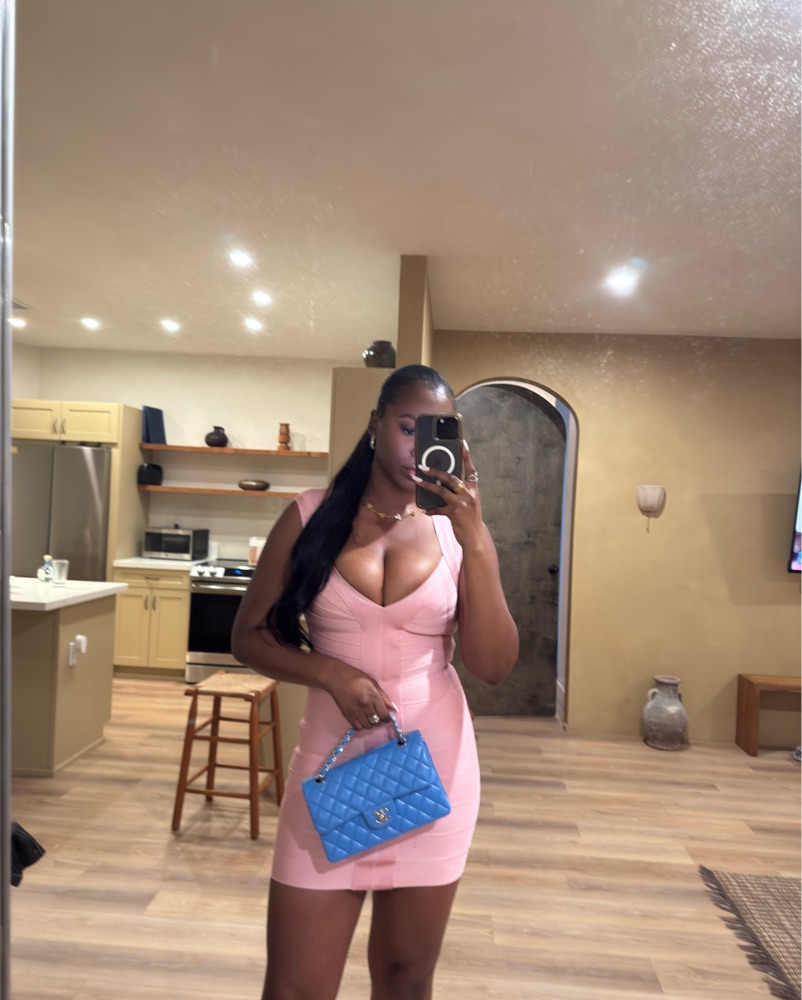 pink bandage dress Rosalia length fit add a sophisticated balance Plunge Neck Mini Dress In